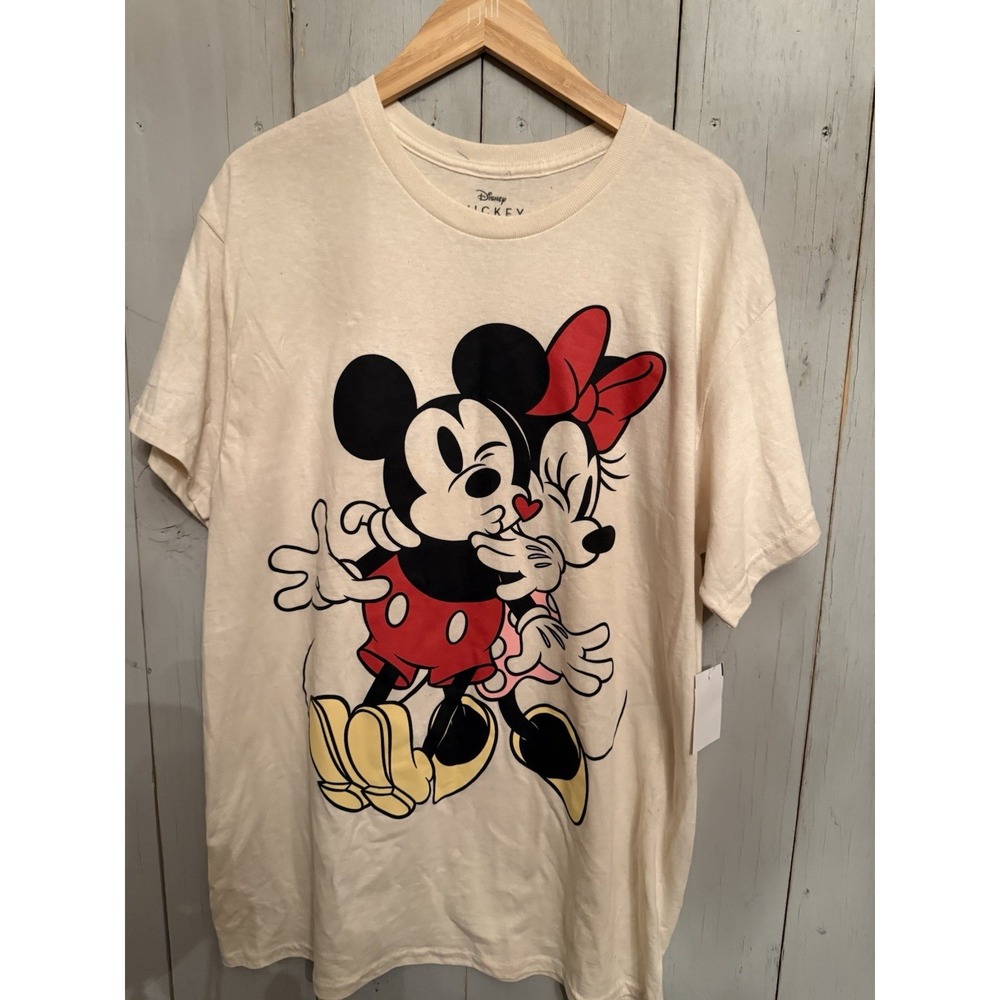 Disney Mickey Mouse & Minnie Mouse‎ Kissing Cream T-shirt Lg New